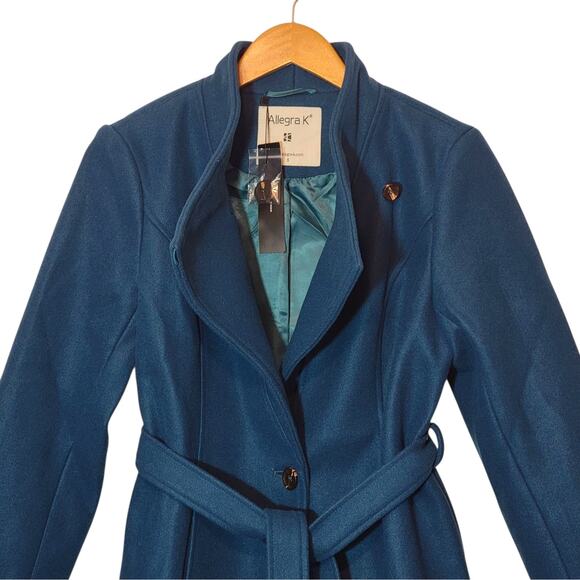 Allegra K Turquoise Blue Belted Single Breasted Trench Coat Mid Length S Chic - Picture 3 of 13